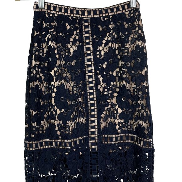 NWT asos Crochet Overlay Maxi Skirt, Navy Blue with Tan Lining, size US 2 - Picture 7 of 16